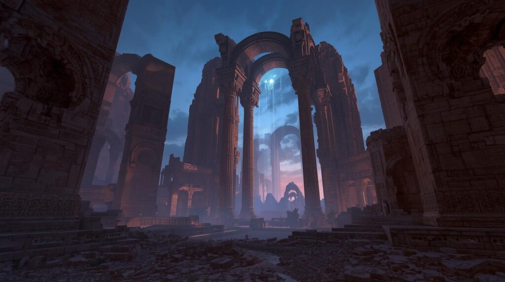 أطلال حضارة غير بشرية بأقواس ضخمة وأعمدة شاهقة تحت سماء الغروب.