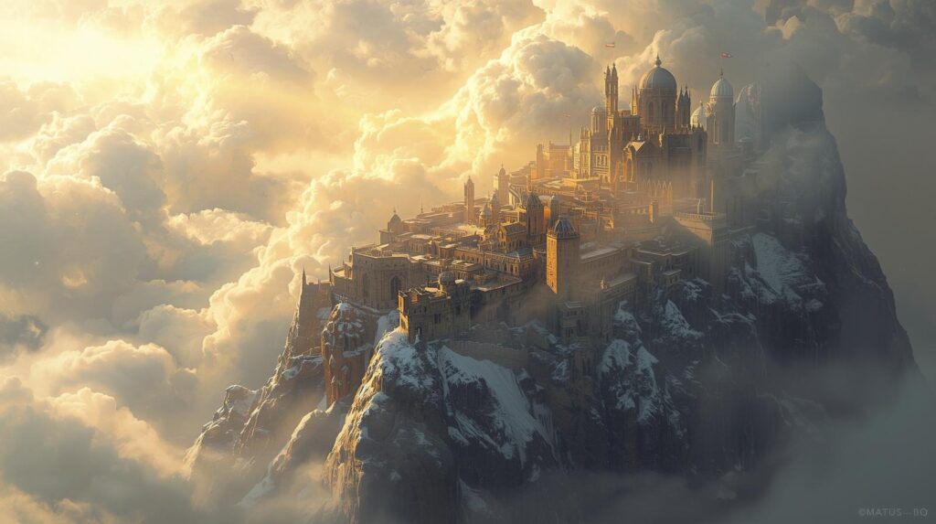 منظر للمدينة الحجرية المهجورة فوق الجبل، تطفو بين الغيوم والضباب وتبدو وكأنها مدينة أسطورية.