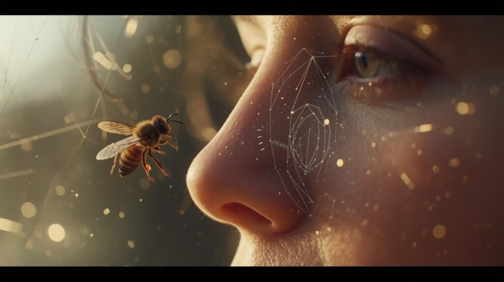 نحلة تلاحظ وجه إنسان عن قرب، يظهر ذكاء النحل وقدرته على التعرف على الوجوه