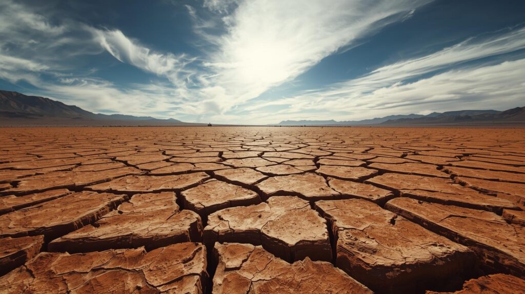 منظر واسع لصحراء أتاكاما الجافة، يظهر الجفاف الشديد والتضاريس القاحلة