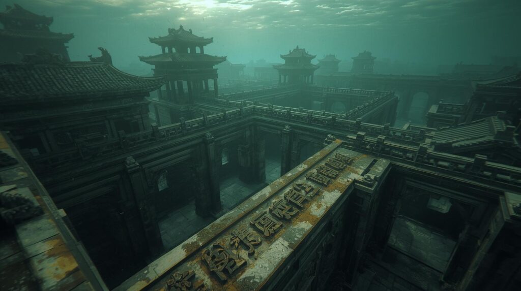 أنقاض مدينة زهونجوكو تحت الماء مع مبانٍ منهارة وأخرى محفوظة بشكل غامض
