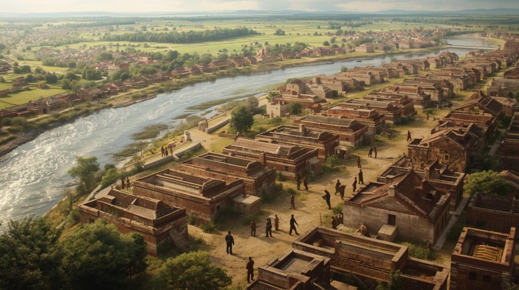 مدينة من مدن حضارة وادي السِّند القديمة على ضفاف نهر السِّند مع شوارع منظمة وبيوت طينية