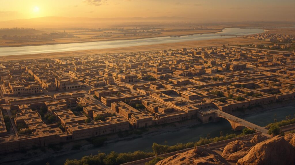 مشهد بانورامي لمدينة من حضارة وادي السِّند القديمة يظهر التخطيط والنظام الحضري