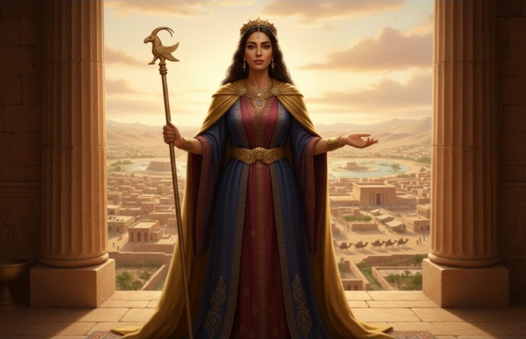 الملكة بلقيس حاكمة مملكة سبأ تقف بثبات وهيبة تعكس حكمتها السياسية وقوتها في إدارة الدولة