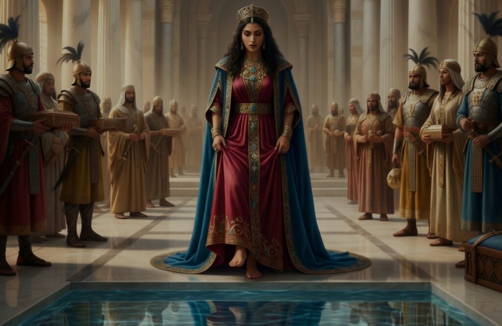 الملكة بلقيس تقف داخل صرح سليمان عليه السلام على أرض ثابتة وتستعد لدخول اللجة التي ظنتها ماء