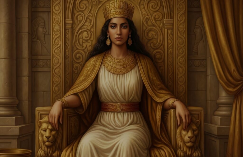 الملكة بلقيس جالسة على عرشها الملكي بهدوء وهيبة تعكسان السلطة والحكمة في مملكة سبأ