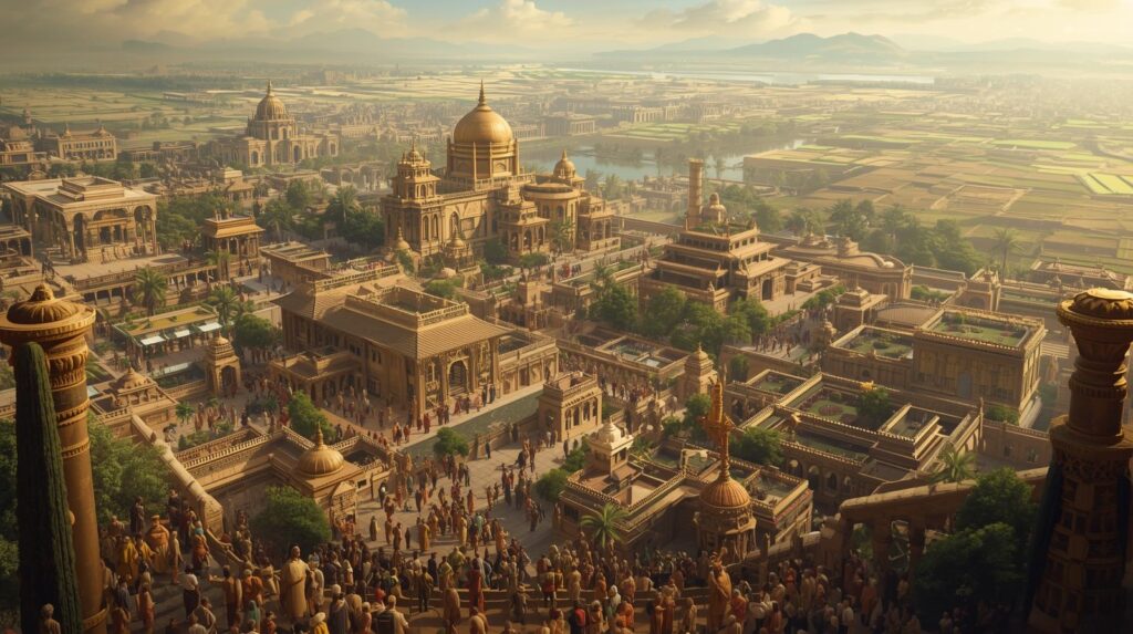 مشهد بانورامي لمملكة سبأ القديمة، تظهر المدينة مزدهرة بالمعابد والقصور والأسواق النابضة بالحياة، مع حقول زراعية ونظم ري متقدمة تعكس الوحدة الدينية والازدهار الاجتماعي.