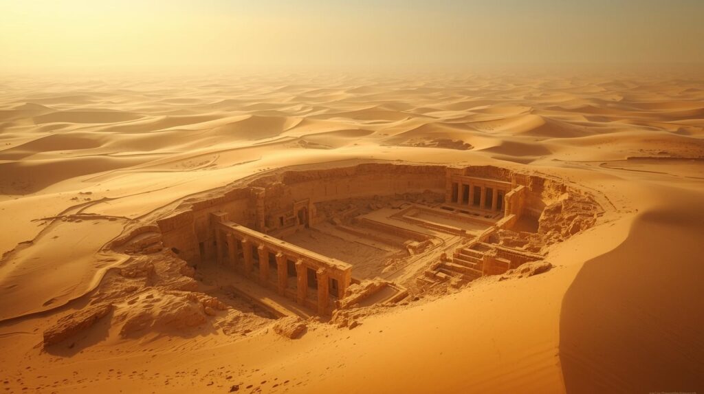 أطلال مدينة قديمة في الصحراء مع أعمدة مكسورة تعكس سقوط حضارة عاد الأولى