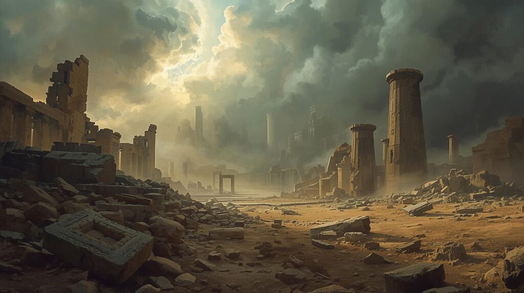 أطلال حضارة عاد الأولى في الصحراء مع أعمدة مكسورة ودمار يرمز لسقوط الإمبراطورية بسبب الغرور والإسراف.