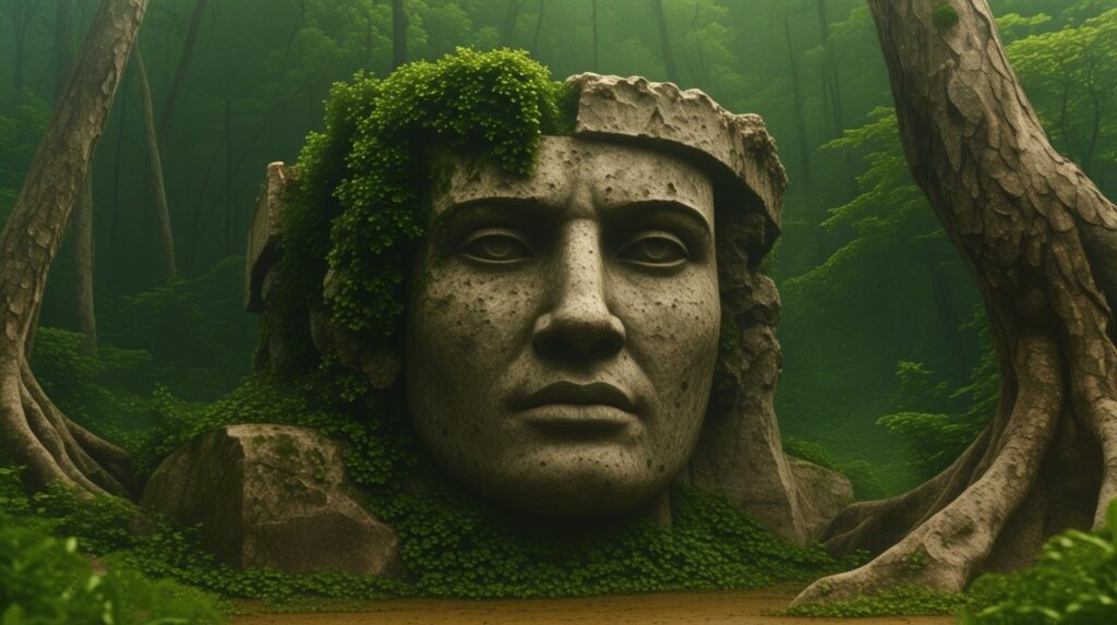 غابة كثيفة ومتشابكة تغطي الأرض والجذور، تعكس الطبيعة التي تبتلع آثار الإنسان وتخفي الحضارات القديمة.