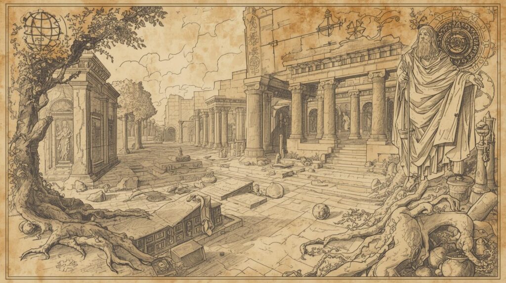 رموز ومخلفات حضارة مفقودة، آثار مبانٍ قديمة، وقطع أثرية متناثرة تعكس حضارة مجهولة التاريخ.