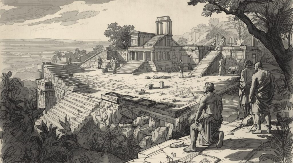 موقع أثري مرتفع مع بقايا مبانٍ وتراسات، يطل على غابة كثيفة، يرمز إلى مركزية المكان وأهميته القديمة.