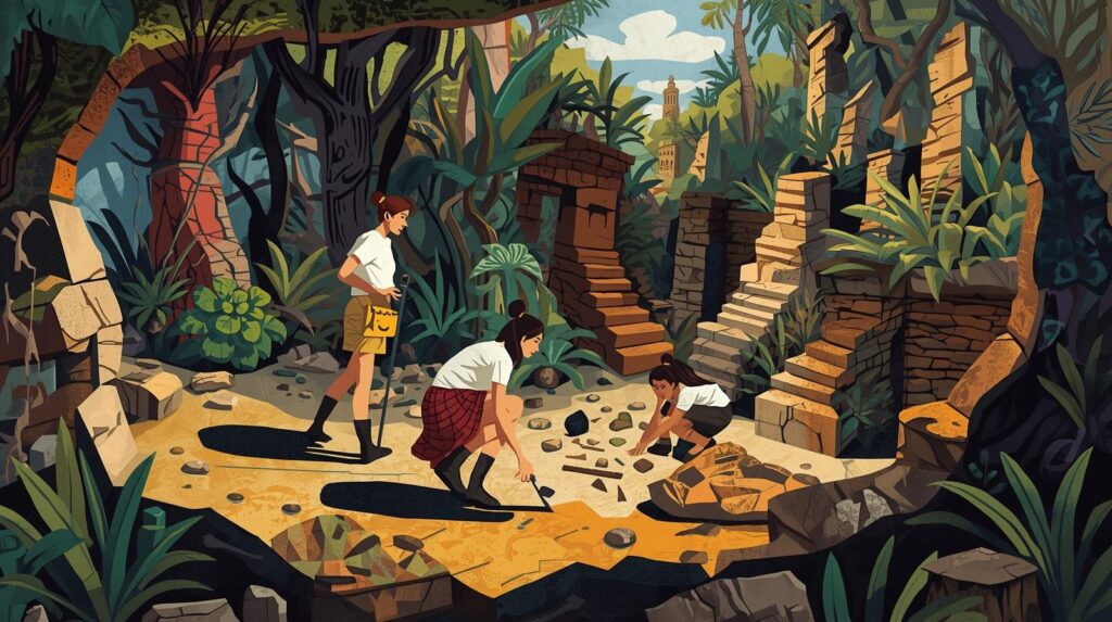 باحثون يستكشفون موقعًا أثريًا، يدرسون النباتات والطبقات الجيولوجية، جو من الفضول والاكتشاف.