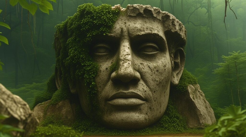 تفاصيل نحت الوجه الحجري تظهر أنفاً بارزاً وشفاهاً دقيقة، مع خطوط دقيقة حول العينين، تعكس براعة فنية قديمة.