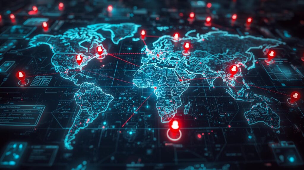 واجهة رقمية متقدمة تعرض خريطة تفاعلية تكشف المواقع الحقيقية للحسابات المزيفة على وسائل التواصل الاجتماعي.