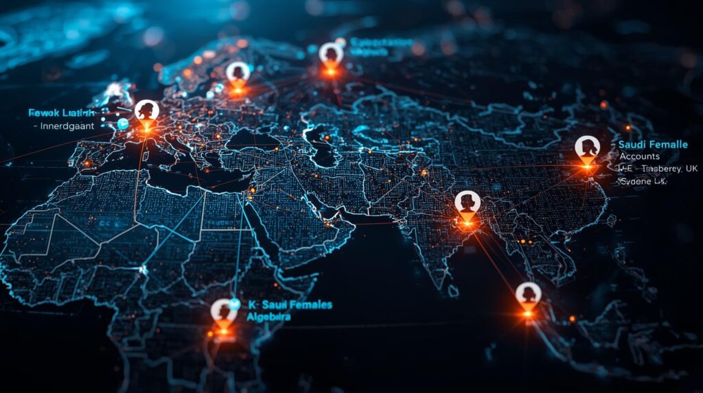واجهة رقمية متقدمة تعرض خريطة تفاعلية تكشف المواقع الحقيقية للحسابات المزيفة على وسائل التواصل الاجتماعي.