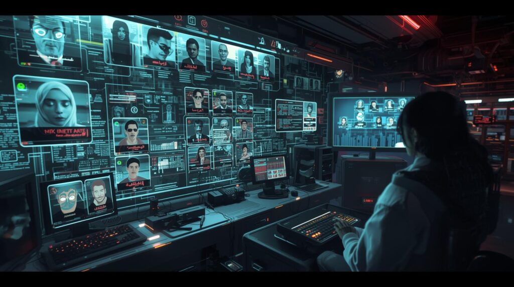 واجهة رقمية تظهر حسابات عربية مزيفة بأسماء مثل "عمر" و"ريم"، مع خطوط توضح مواقعها الحقيقية على الخريطة الرقمية.