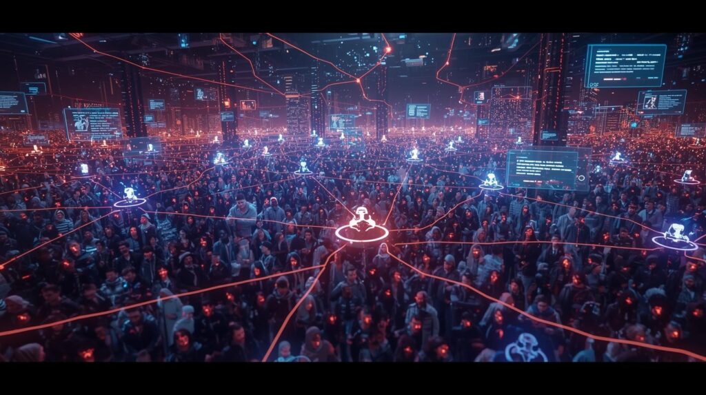 واجهة رقمية تعرض آلاف الحسابات التي تعمل بالذكاء الاصطناعي لنشر محتوى منسق يخلق صراعات وهمية بين المستخدمين.