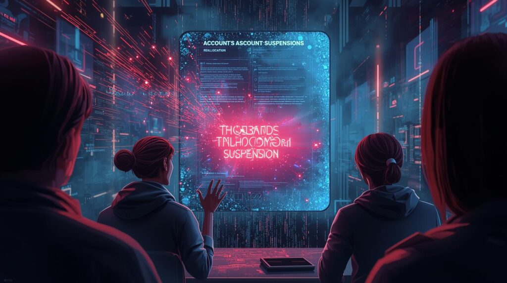 واجهة رقمية تعرض اختفاء ميزة مراقبة المواقع بعد كشف معلومات مهمة، مع إشعارات تعليق آلاف الحسابات.