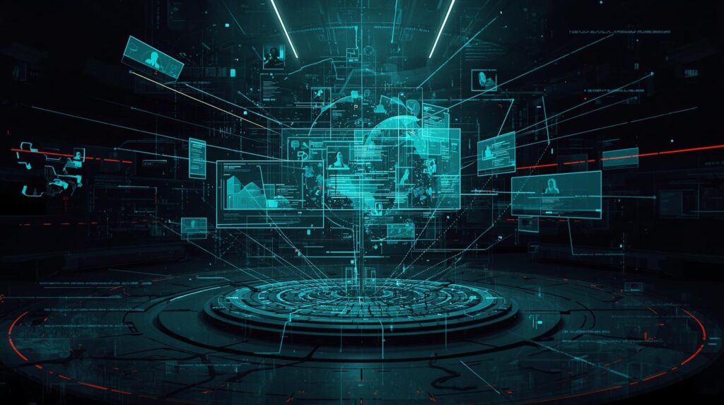 واجهة رقمية تعرض تأثير العمليات المنظمة على المجتمعات، مع رسائل وحسابات متصلة توضح الانقسامات الوهمية.