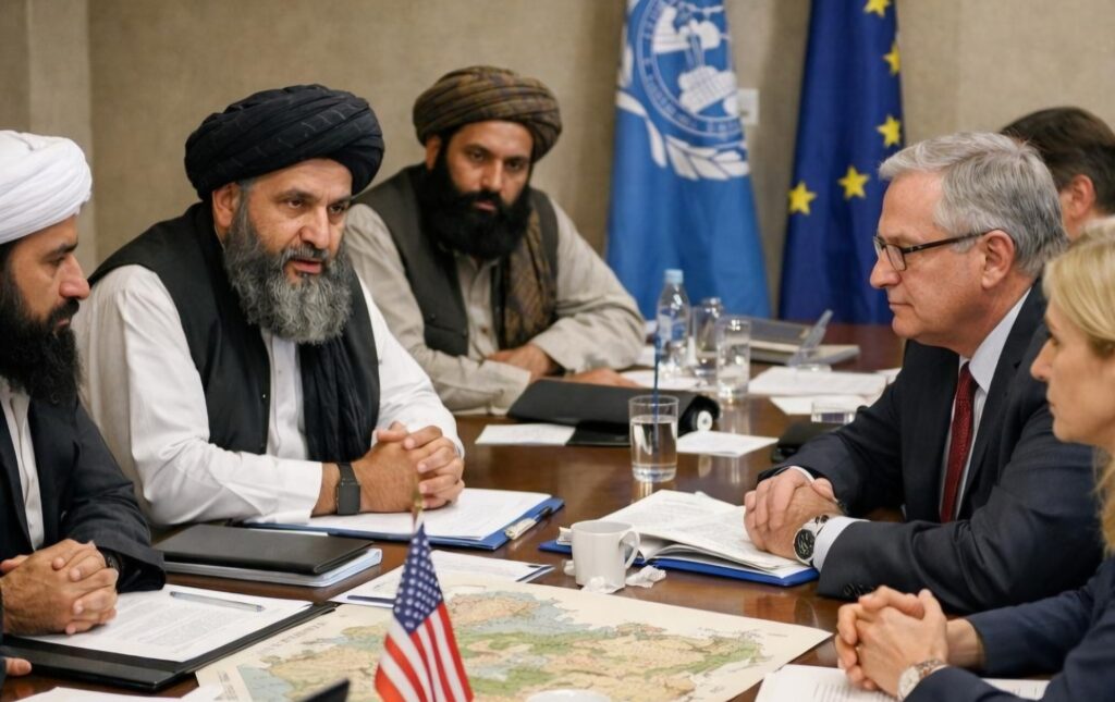 ممثلو طالبان يجلسون على طاولة تفاوض مع دبلوماسيين دوليين في غرفة مؤتمر محايدة، يناقشون مستندات وخرائط بتركيز وهدوء