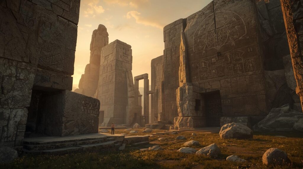 هياكل حجرية ضخمة ومنحوتات صخرية ما قبل التاريخ عند الفجر، مغطاة بنقوش هندسية ورمزية، توحي بمعرفة بدائية قبل الكتب.