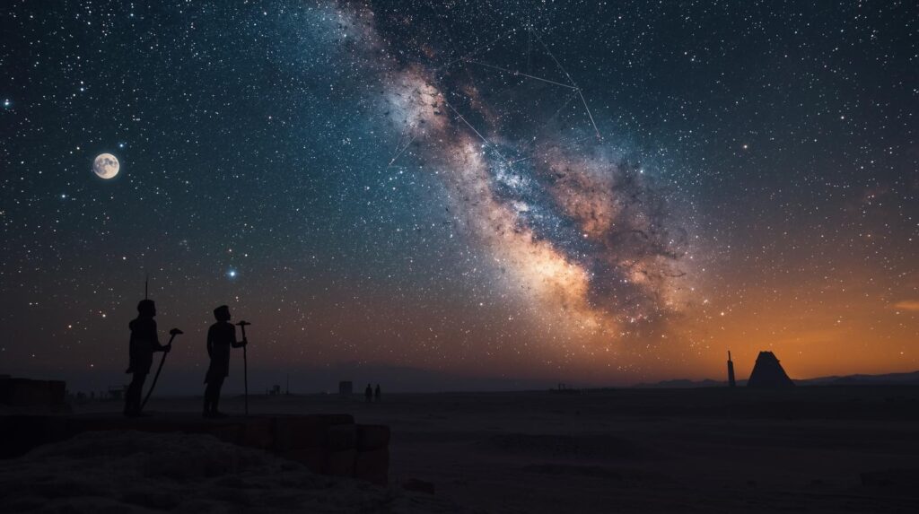 بشر قدامى يراقبون النجوم والكواكب على منصات حجرية في صحراء، مع هياكل مصرية مصطفة مع النجوم.