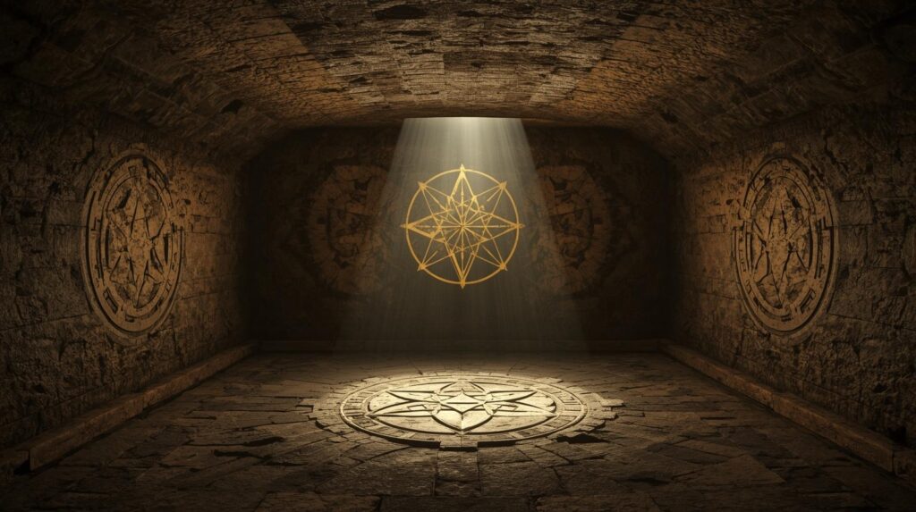 حجرات أثرية محفورة برموز غامضة، نجم ثماني النقاط يتوهج في المركز، يرمز لفهم الزمن والدورات الكونية.