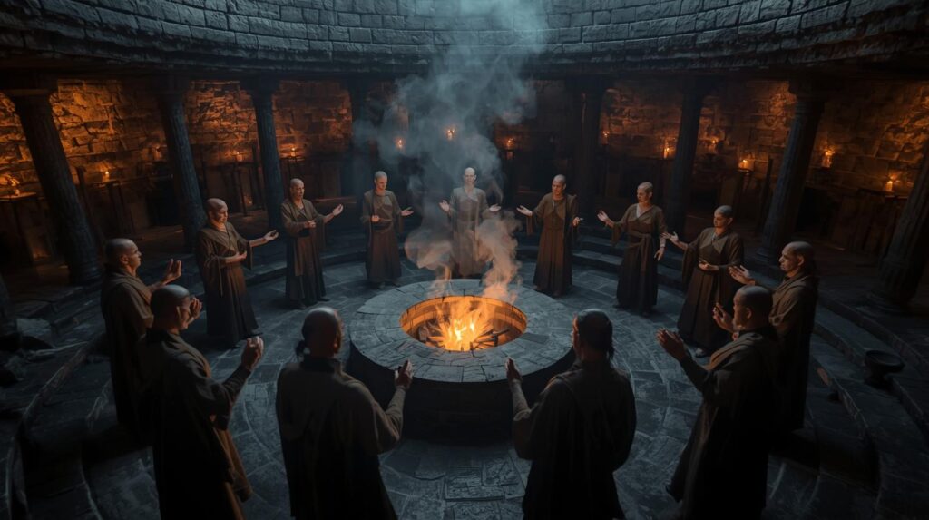 طقس قديم في دائرة حجرية عند الغسق، بشر يتحركون حول نار مركزية في هدوء وتأمل.