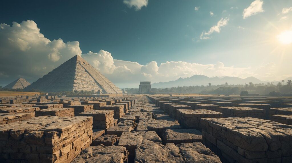 مشهد بانورامي يضم الأهرامات، أحجار ضخمة بوليفيا، وتقويم مايا، توحي بحضارة متقدمة سبقت الجميع.