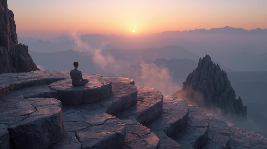 منصة حجرية على قمة جبل عند الفجر، شخص يتأمل وسط ضباب خفيف، حوله هالات خفية تدل على وعي مرتفع.