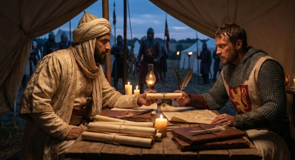 المراسلات الاستراتيجية بين صلاح الدين وريتشارد قلب الأسد صلاح الدين وريتشارد قلب الأسد يتبادلان الرسائل في مخيم حربي عسكري، مع خرائط وأقلام حبر على الطاولة