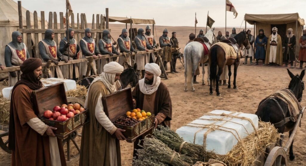 الهدايا الغريبة من صلاح الدين إلى ريتشارد قلب الأسد صلاح الدين يرسل هدايا غريبة تشمل فواكه طازجة، أعشاب طبية، قطع ثلج، وفرسان عرب إلى ريتشارد قلب الأسد