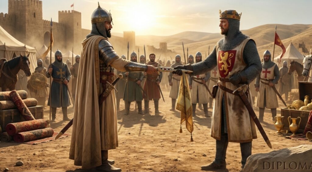 الفروسية والدبلوماسية بين صلاح الدين وريتشارد صلاح الدين وريتشارد قلب الأسد يوقفان مبارزة فرسانية بتبادل إشارات احترام، مع هدايا في الخلفية.