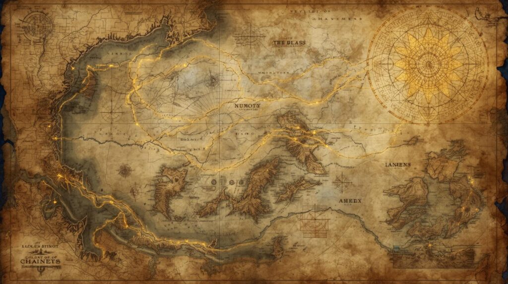 ظهور الخريطة الغامضة واكتشاف الأسرار المفقودة على الطاولة خريطة غامضة قديمة على ورق متآكل مع أدوات علمية وأضواء شموع