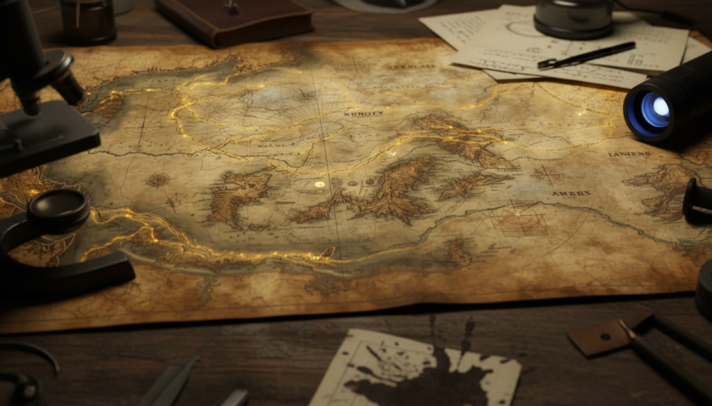تحليل خريطة غامضة واكتشاف الأسرار المفقودة خريطة غامضة قديمة على طاولة مختبر مع أدوات تحليل