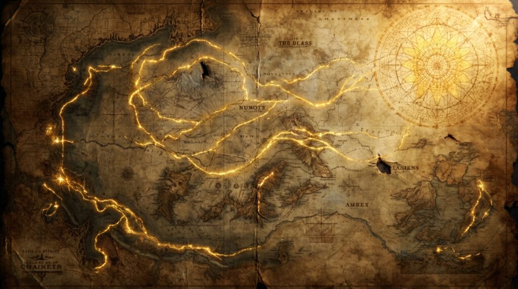 خريطة غامضة واكتشاف الأسرار المفقودة بين الواقع والأسطورة رموز ذهبية وخطوط طاقية تمثل خريطة وعي على ورق قديم