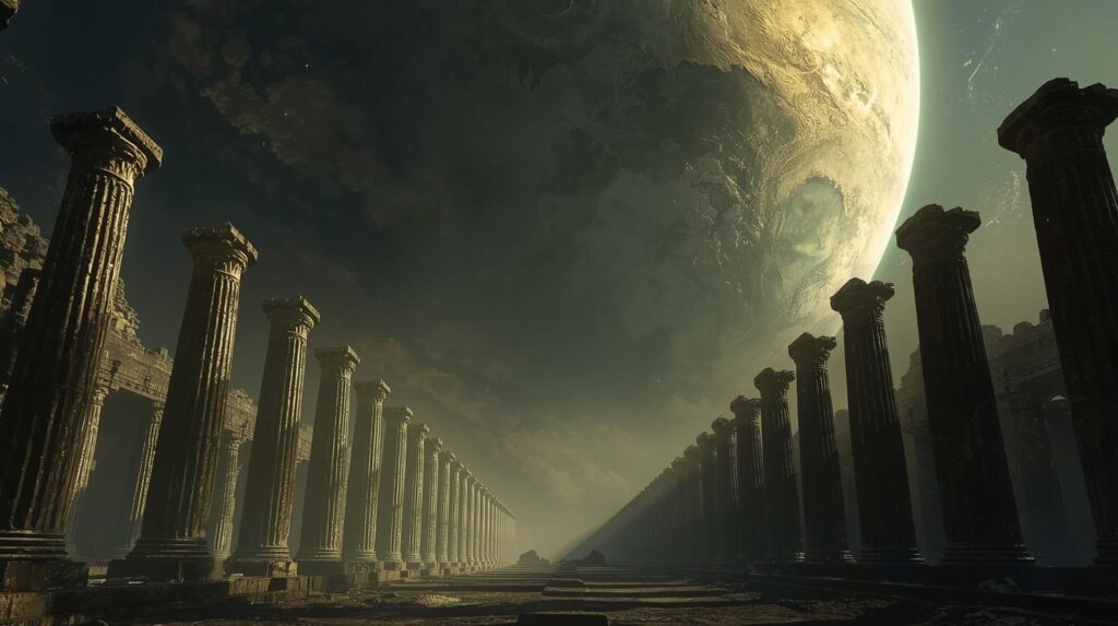 كوكب عملاق يطفو فوق أطلال قديمة، محاذاة سماوية غامضة تملأ المكان بجو سحري.
