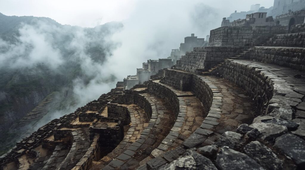 هندسة الأحجار الدقيقة للمدينة الحجرية المهجورة فوق الجبل، مع الضباب ينساب بين المباني القديمة.