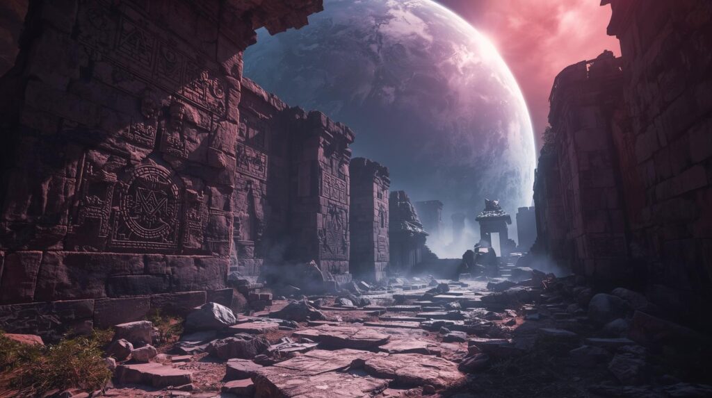 أطلال مضاءة بضوء كوكبي غامض، مع رموز قديمة محفورة على الحجارة، دمج بين العلم والأساطير.