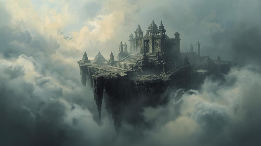 الضباب يغطي المدينة الحجرية المهجورة فوق الجبل، ليعطيها مظهرًا غامضًا وساحرًا كما لو كانت تحرس أسرارًا قديمة.
