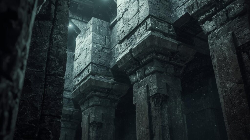 أعمدة وحجارة دقيقة التصميم، بأبعاد هندسية مستحيلة، توحي بتقنية غير معروفة.