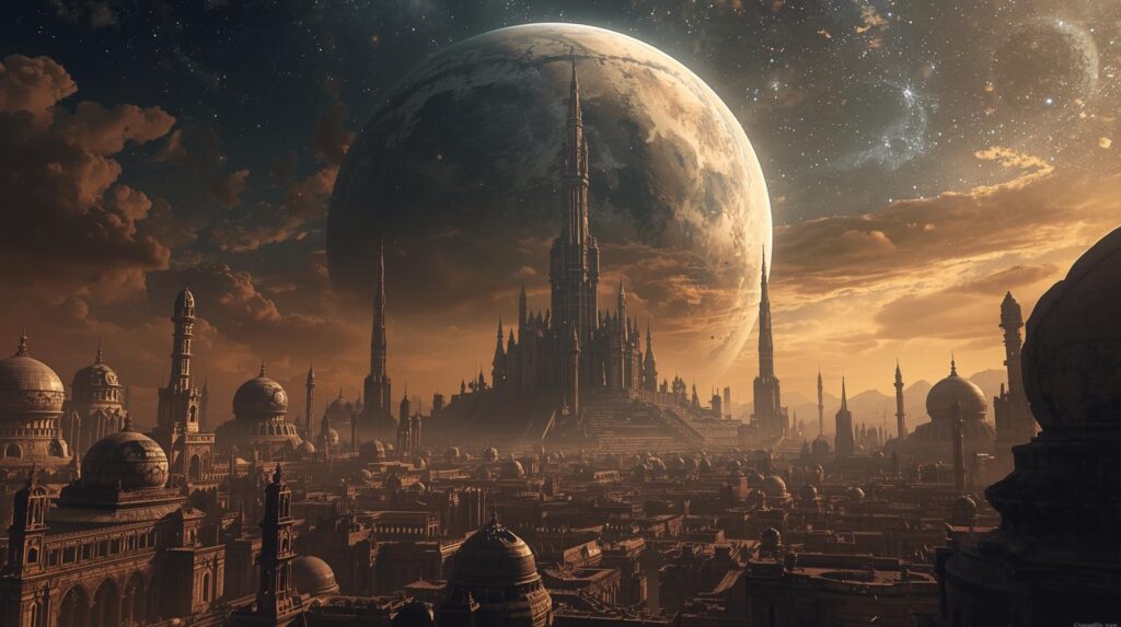 كوكب عملاق يلوح فوق أطلال قديمة، مع تأثيرات سماوية غير مألوفة، يخلق جوًا كونيًا غامضًا.