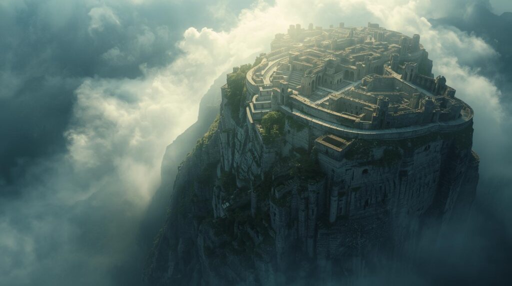 منظر جوي للمدينة الحجرية المهجورة فوق الجبل بين الغيوم، يثير الإعجاب والدهشة ويبدو وكأنه مشهد من عالم فانتازي.