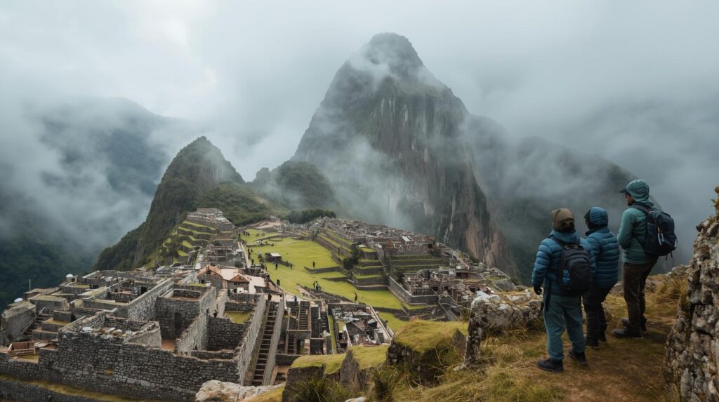 علماء يراقبون الضباب الكثيف حول المدينة الحجرية المهجورة فوق الجبل، موضحين التفاعل بين الطبيعة والهندسة القديمة.