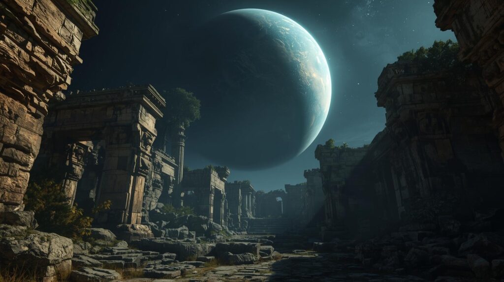 أطلال غامضة تحت كوكب مضيء، تعكس الفضول البشري المعاصر نحو الحضارات المفقودة.
