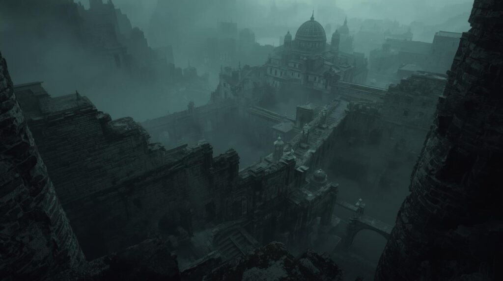 المدينة الحجرية المهجورة فوق الجبل مغطاة بضباب كثيف، تظهر أجزاء من الشوارع الحجرية وأنفاق محتملة، وتثير الغموض والتساؤل.