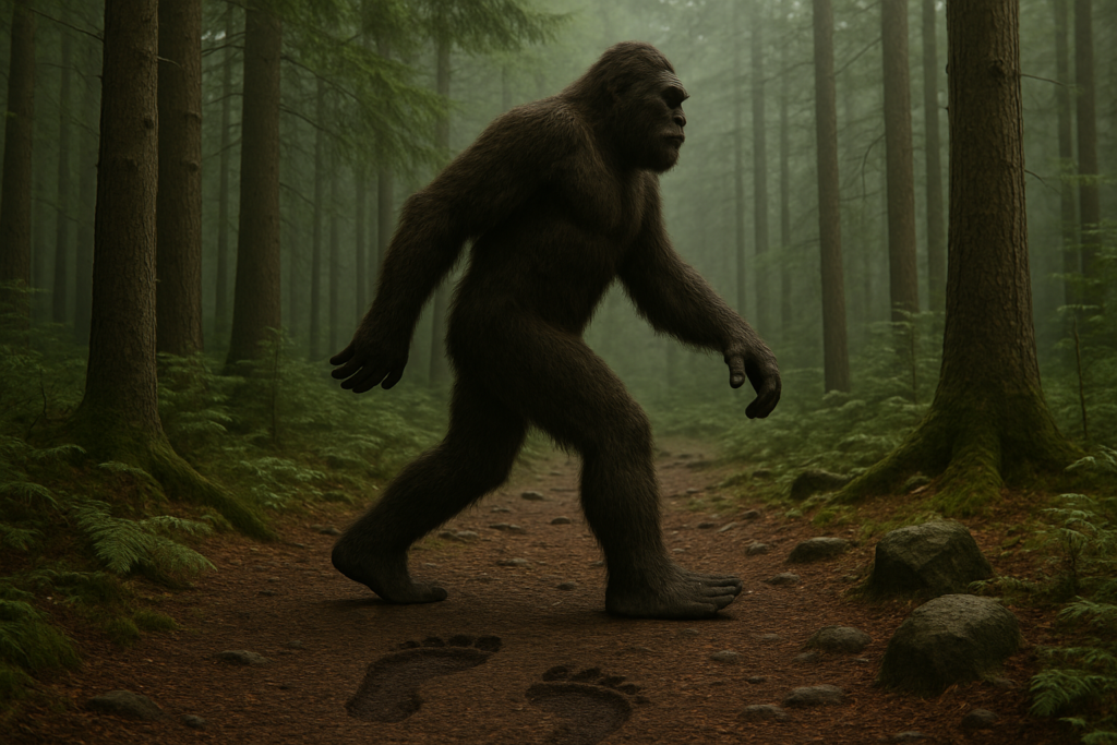 بيغ فوت الكائن الذي يترك آثارًا بلا دليل قاطع كائن ضخم مغطى بالشعر يسير داخل غابة كثيفة ويترك آثار أقدام كبيرة على الأرض