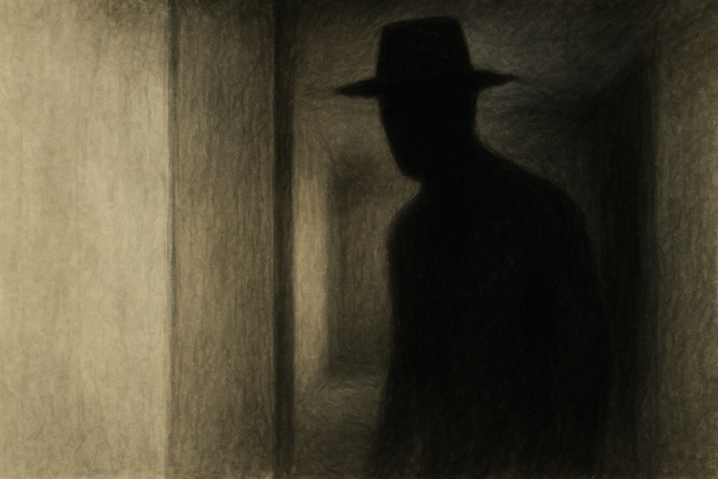 رجل الظل الظهور الغامض في أطراف الرؤية هيئة بشرية مظلمة تظهر في ممر خافت الإضاءة دون ملامح واضحة