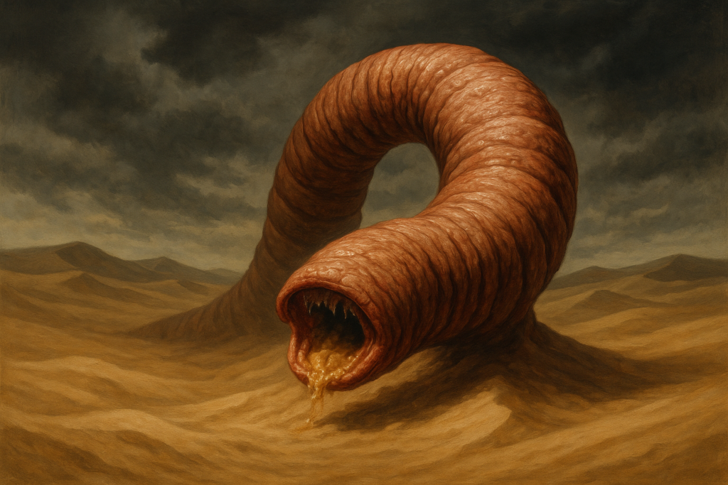 دودة الموت المنغولية أسطورة الرمال القاتلة مخلوق أسطوري يشبه دودة عملاقة يخرج من رمال صحراء غوبي تحت سماء قاتمة